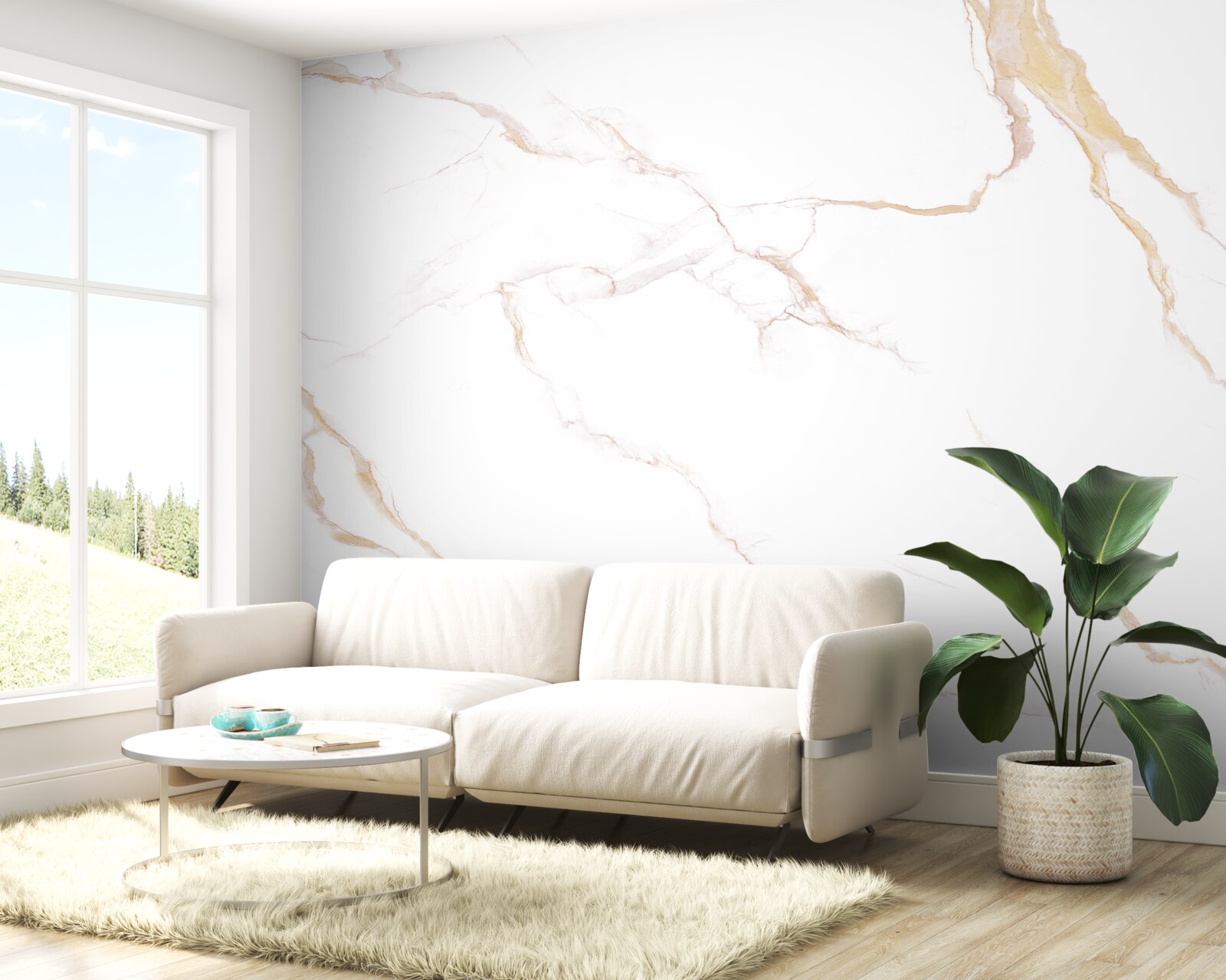 Papier peint avec du marbre dans les tons blanc et beige