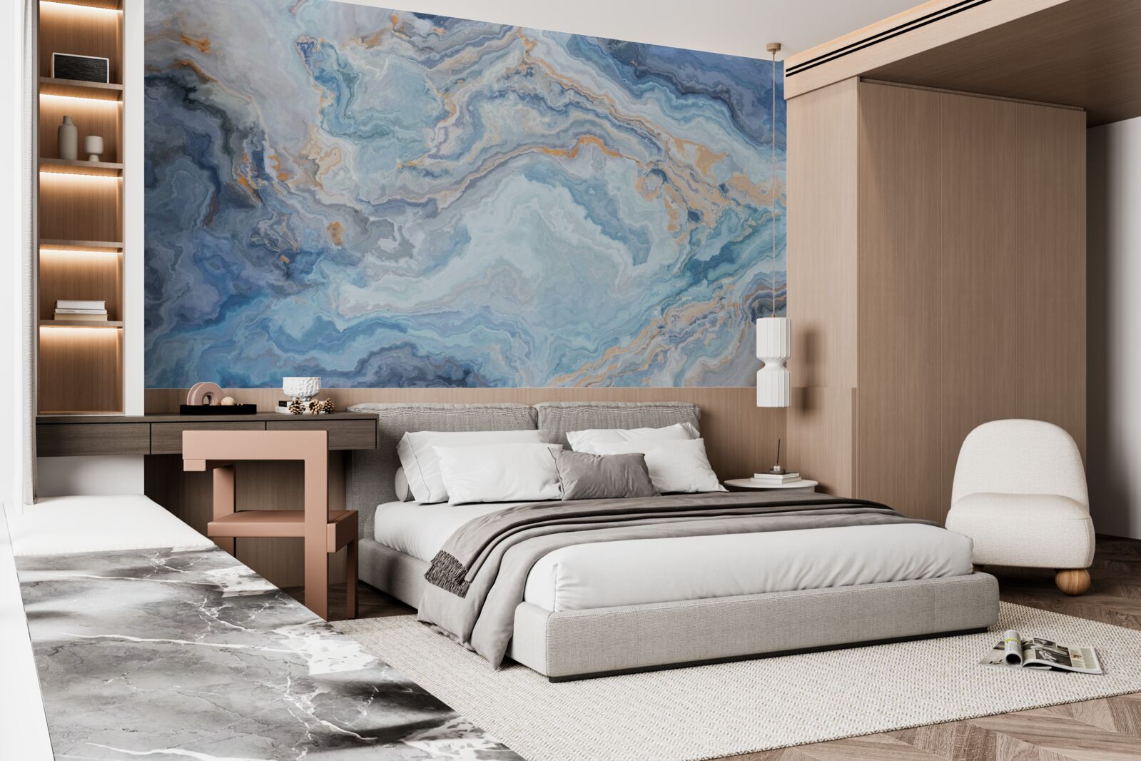 Papier peint minéral avec une teinte bleue sur une peinture murale