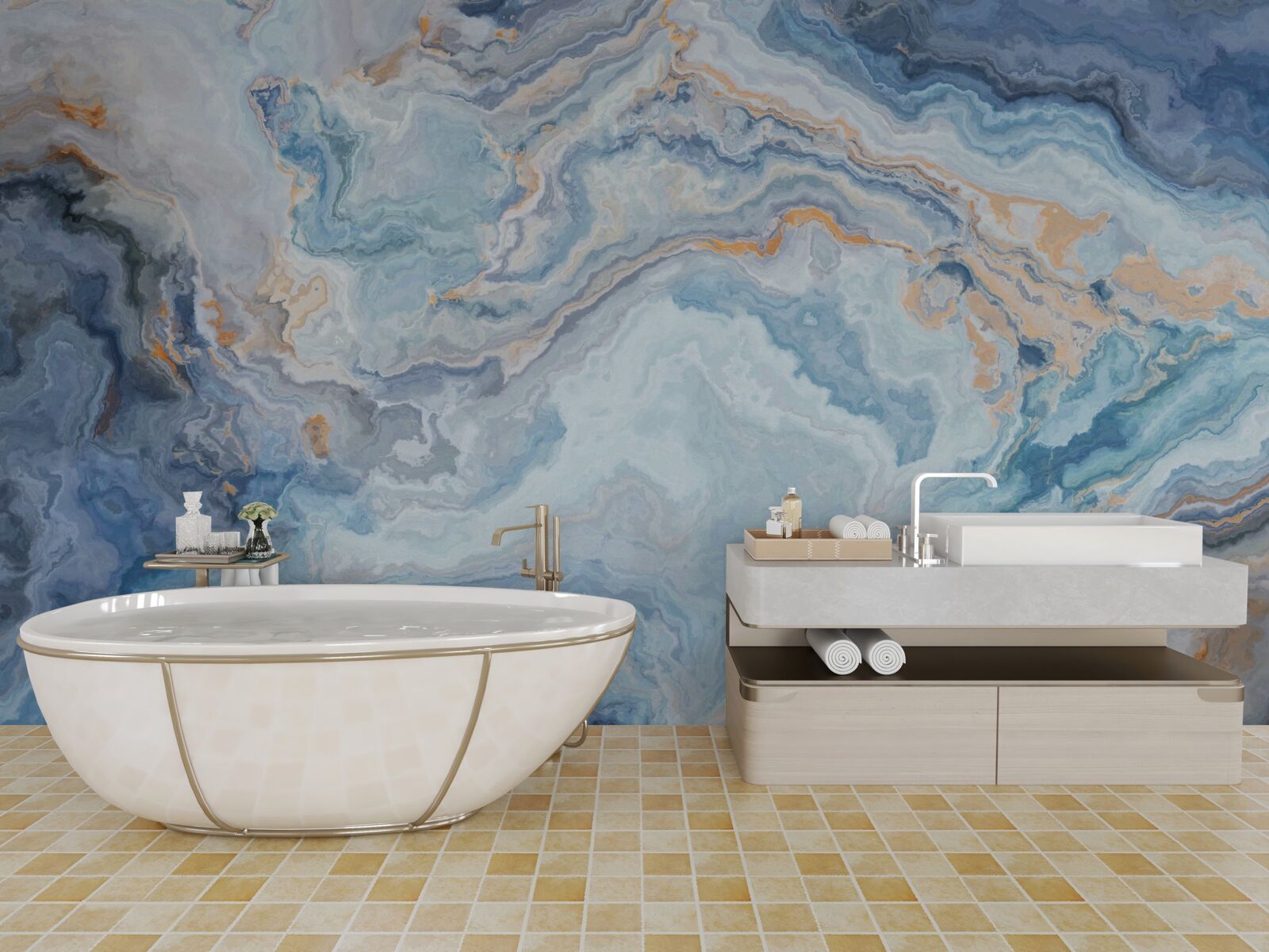 Papier peint minéral avec une teinte bleue sur une peinture murale