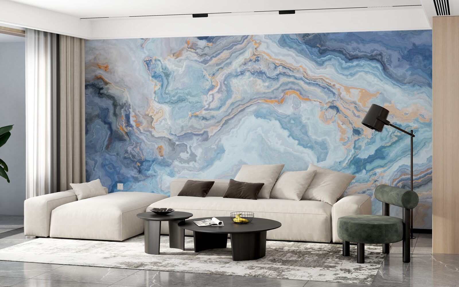 Papier peint minéral avec une teinte bleue sur une peinture murale