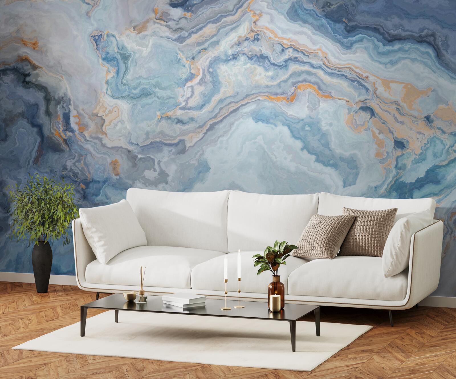 Papier peint minéral avec une teinte bleue sur une peinture murale