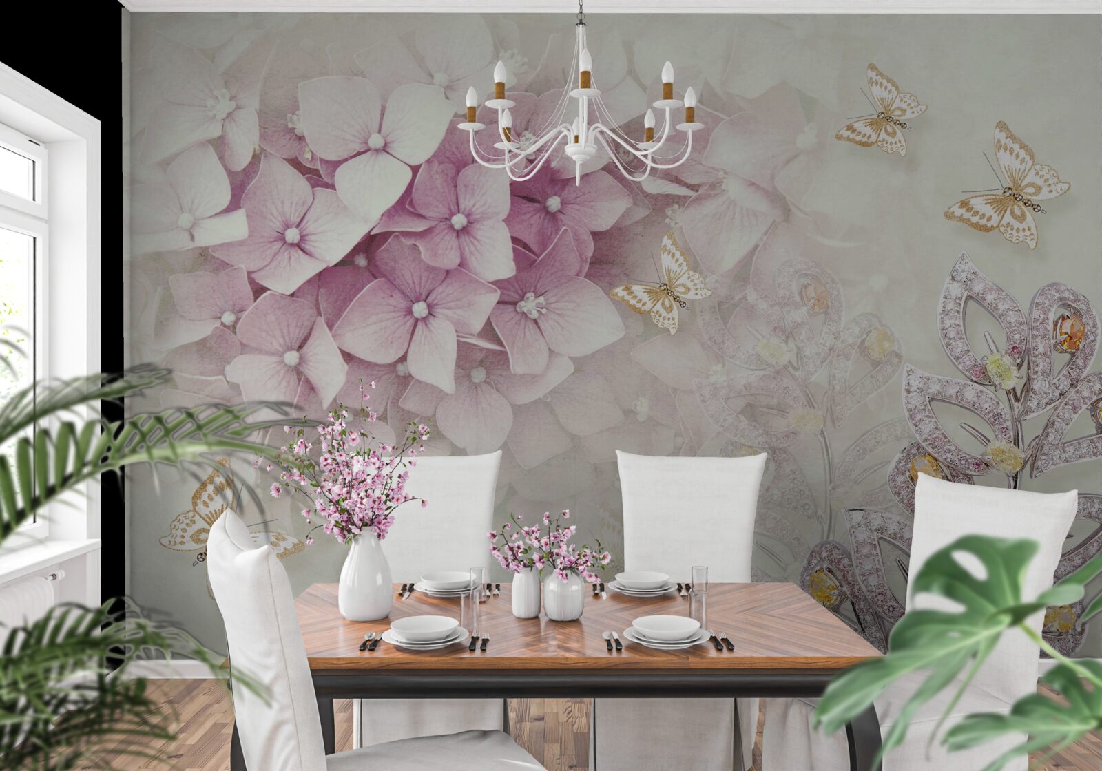 Papier peint papillons et boutons de rose