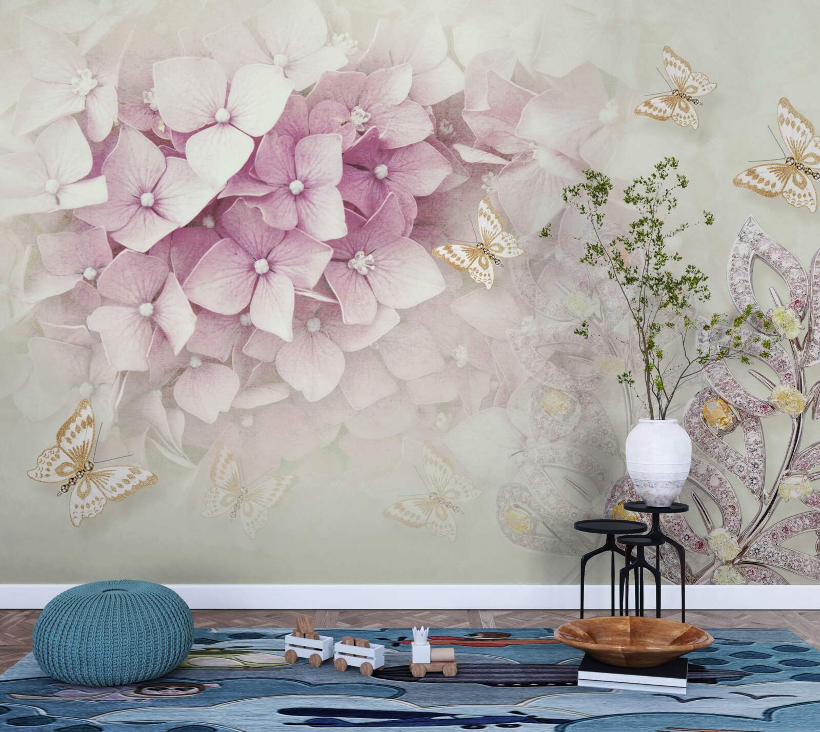 Papier peint papillons et boutons de rose