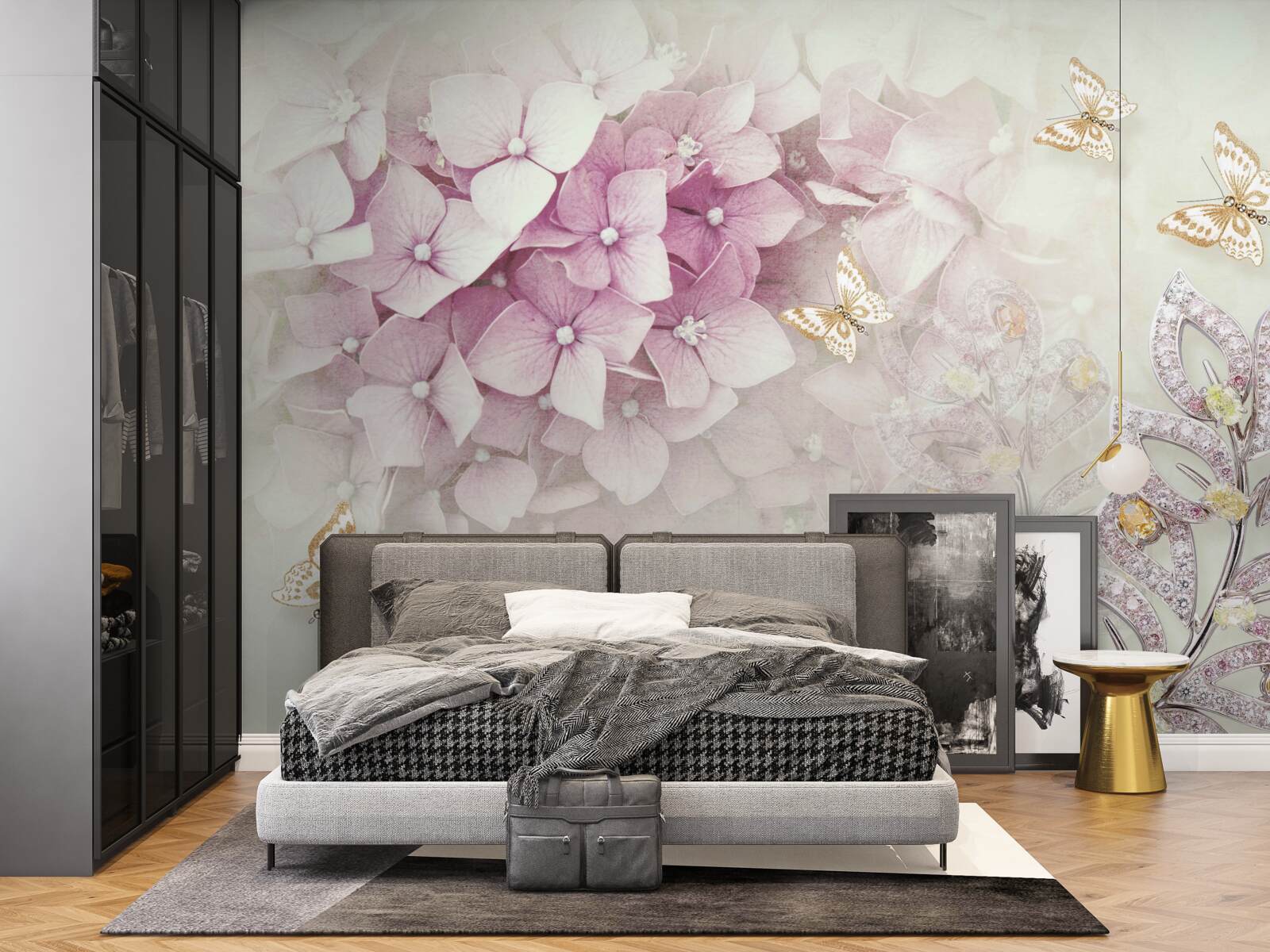 Papier peint papillons et boutons de rose