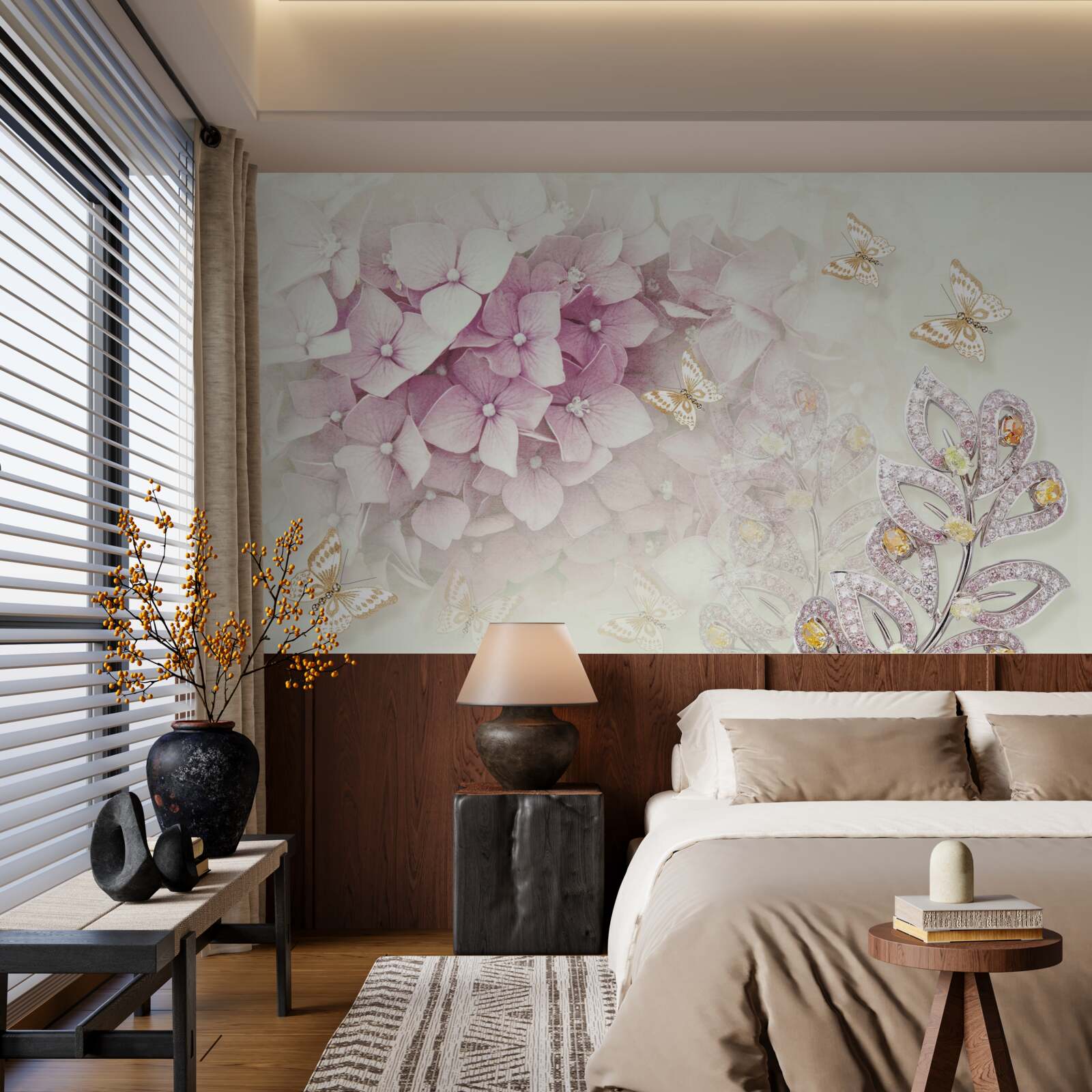 Papier peint papillons et boutons de rose