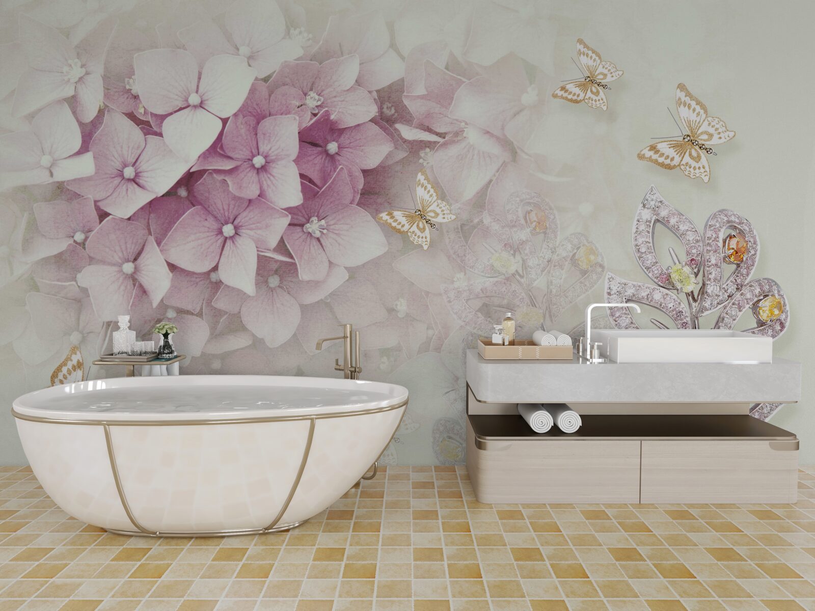 Papier peint papillons et boutons de rose