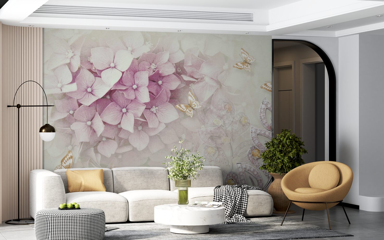 Papier peint papillons et boutons de rose