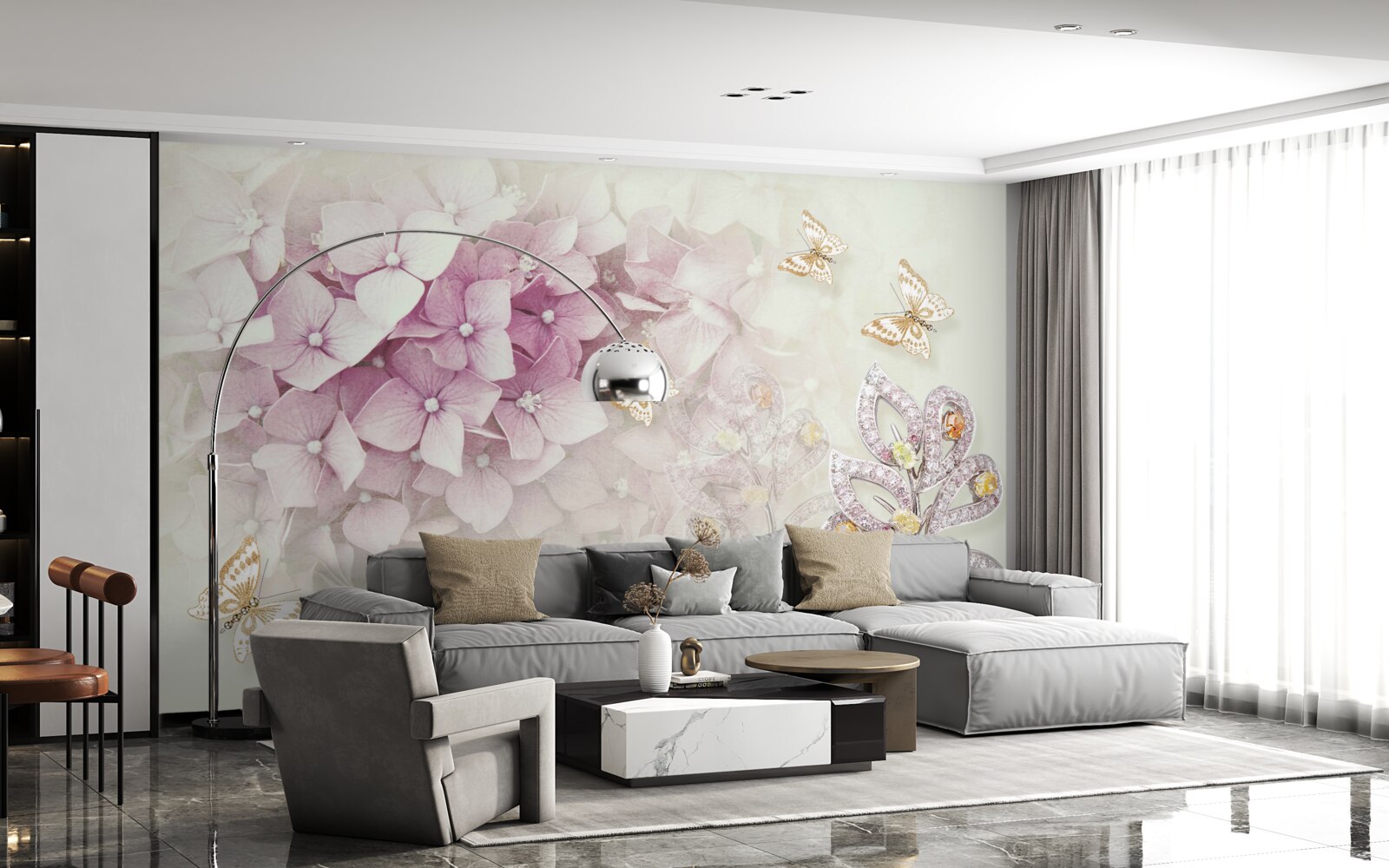 Papier peint papillons et boutons de rose