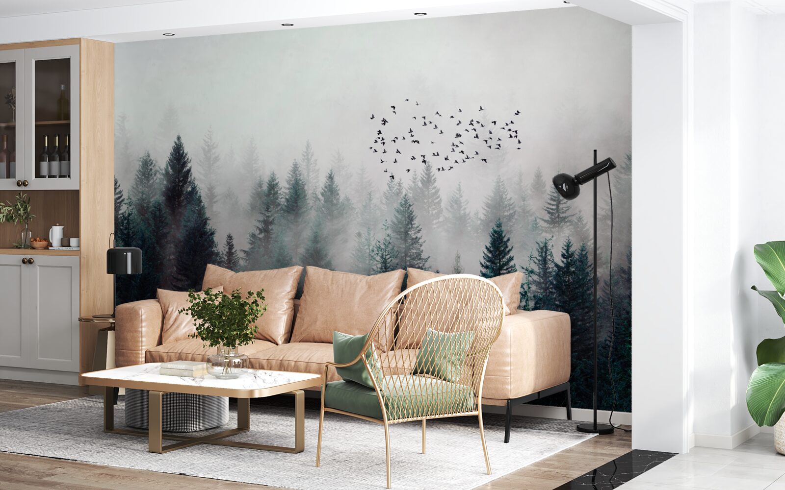 Papier peint oiseaux et arbres de Noël