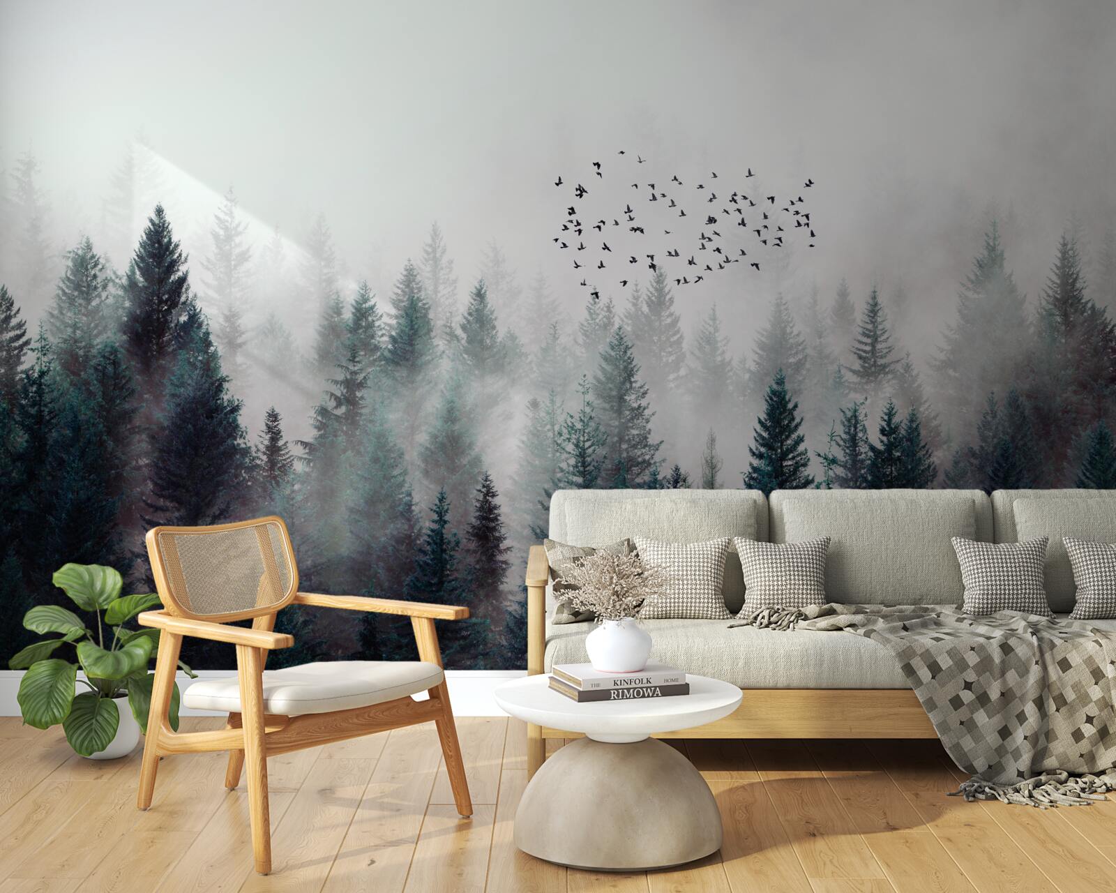 Papier peint oiseaux et arbres de Noël