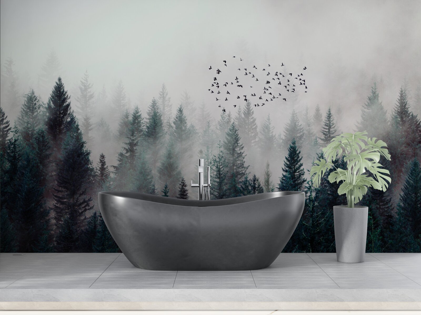 Papier peint oiseaux et arbres de Noël