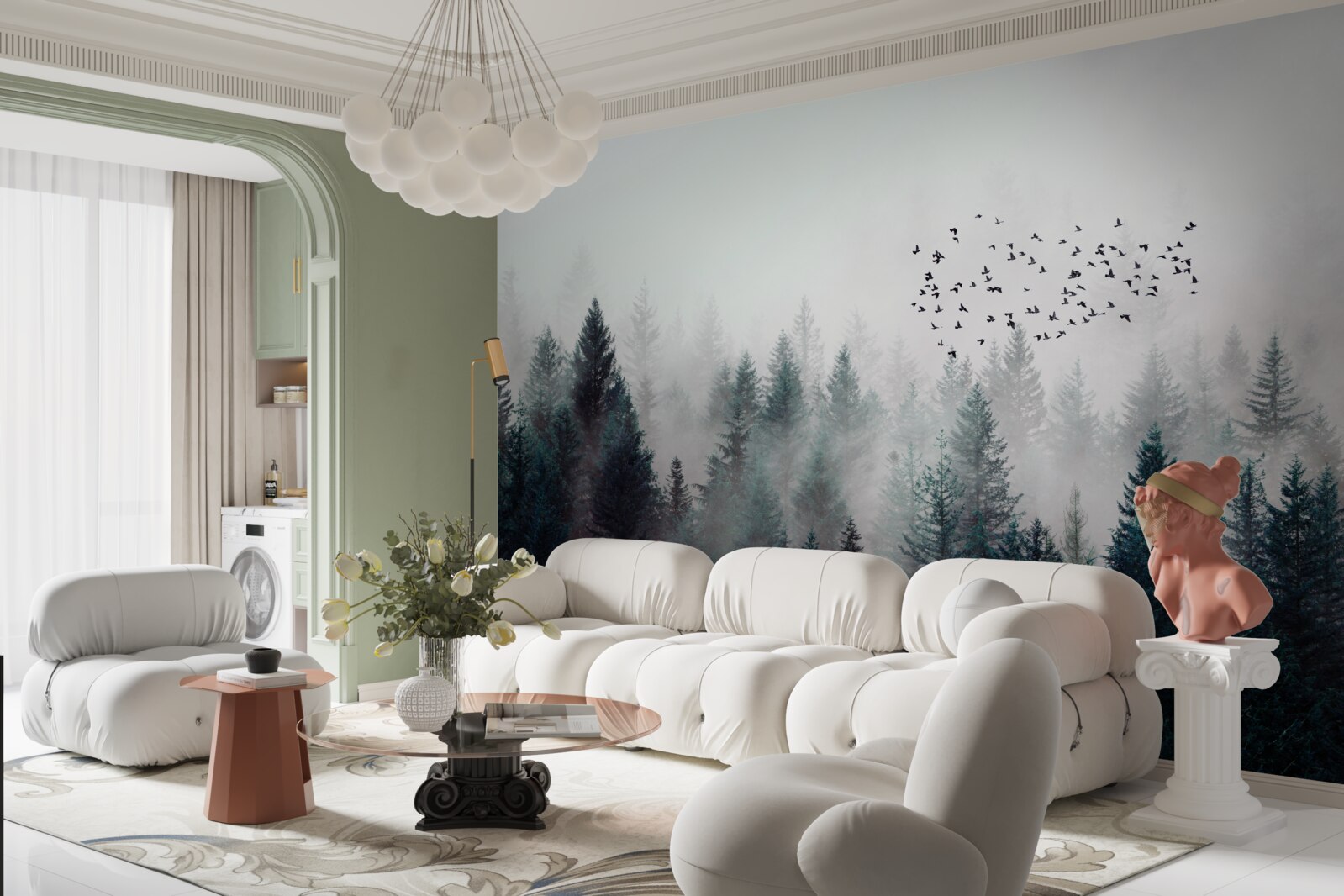 Papier peint oiseaux et arbres de Noël