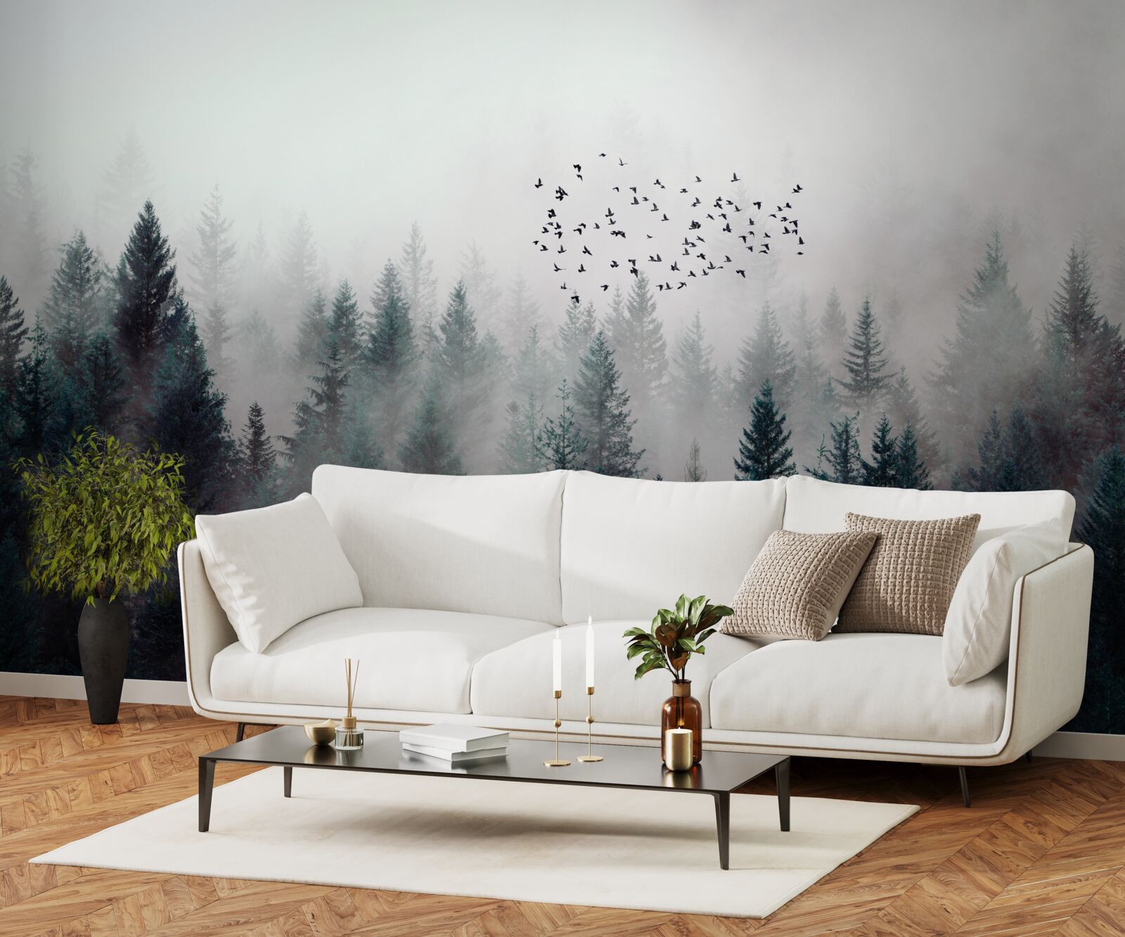 Papier peint oiseaux et arbres de Noël