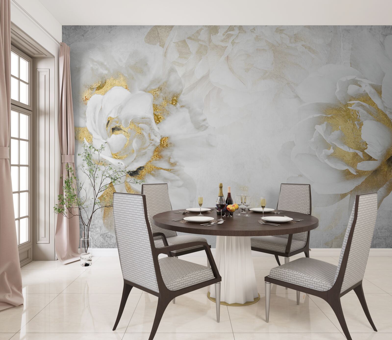 Papier peint fleurs blanches avec accents dorés