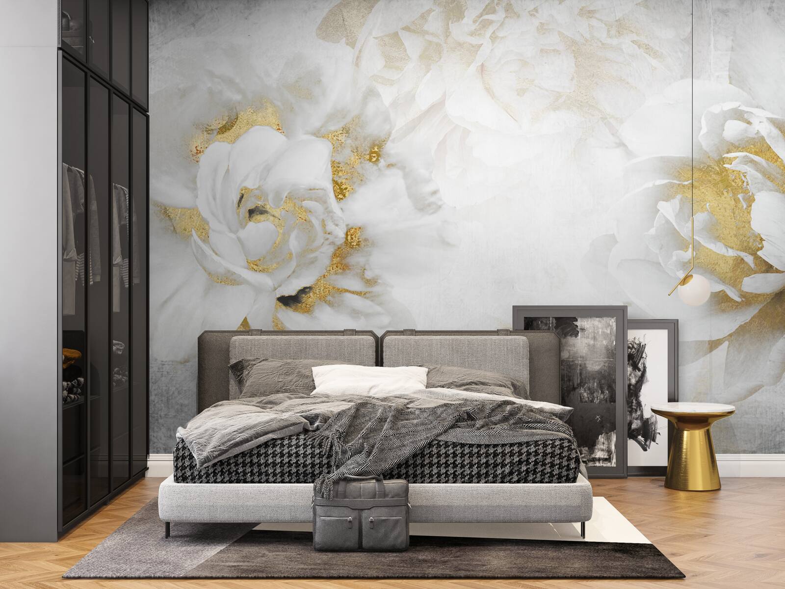 Papier peint fleurs blanches avec accents dorés