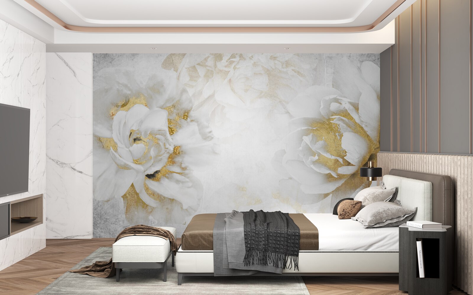 Papier peint fleurs blanches avec accents dorés