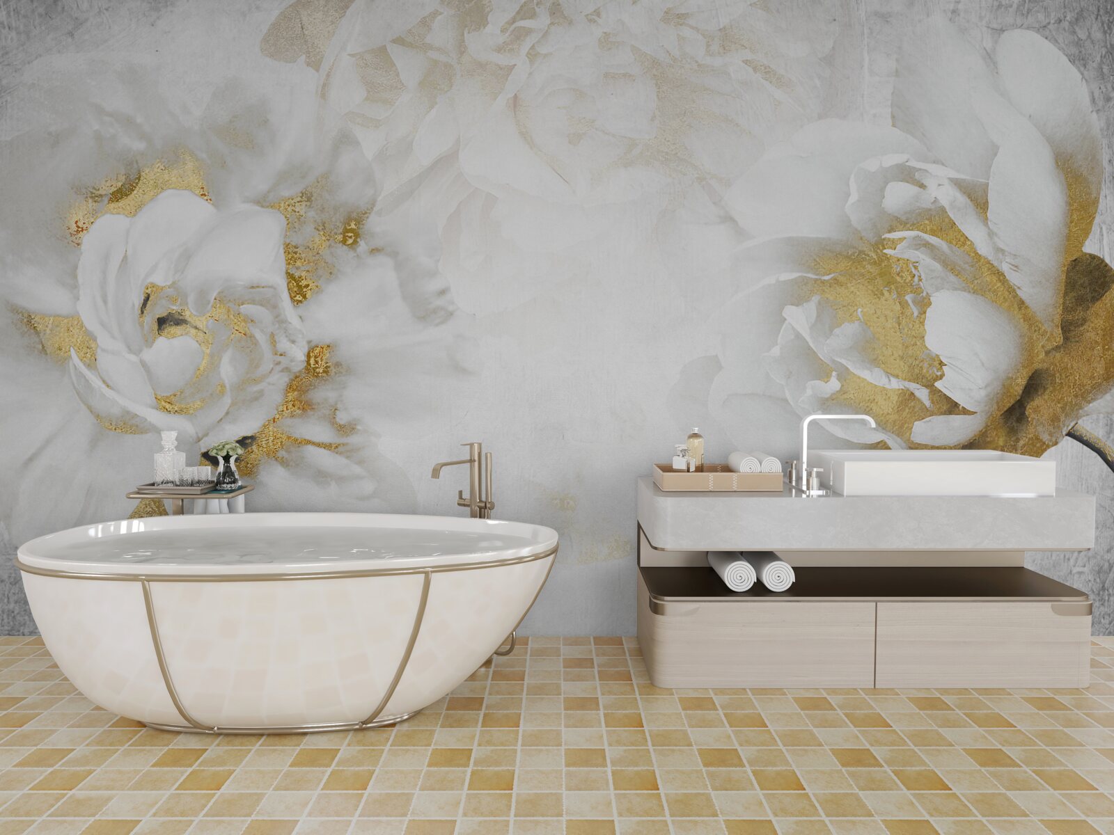 Papier peint fleurs blanches avec accents dorés