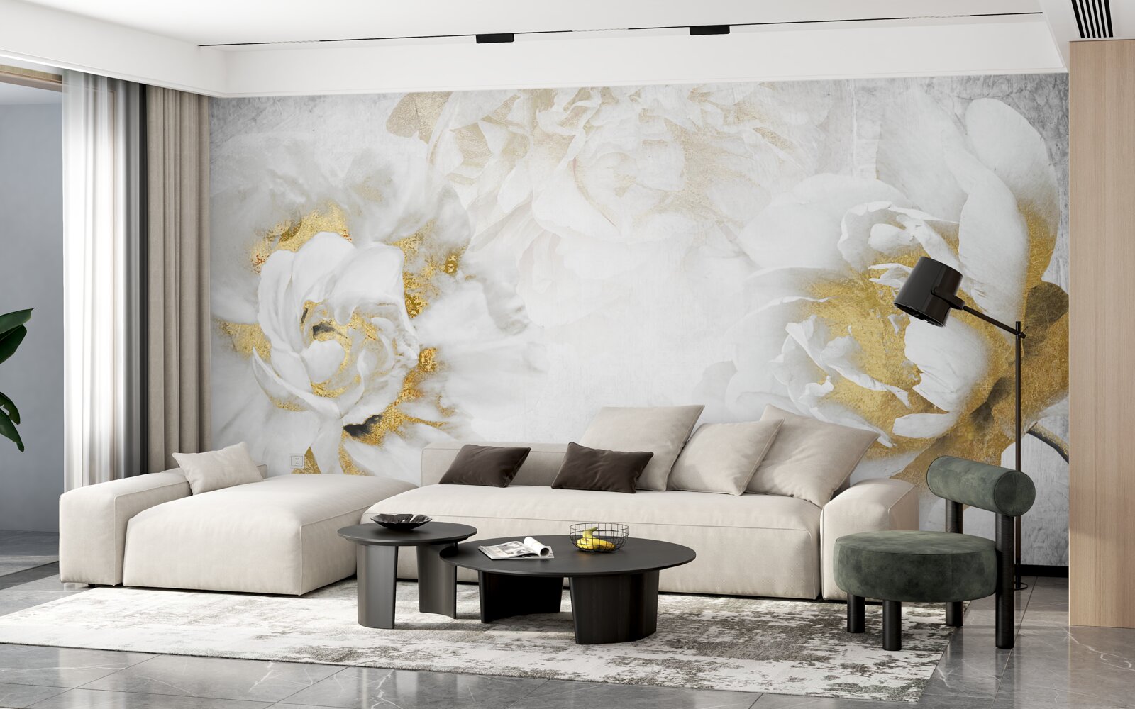 Papier peint fleurs blanches avec accents dorés