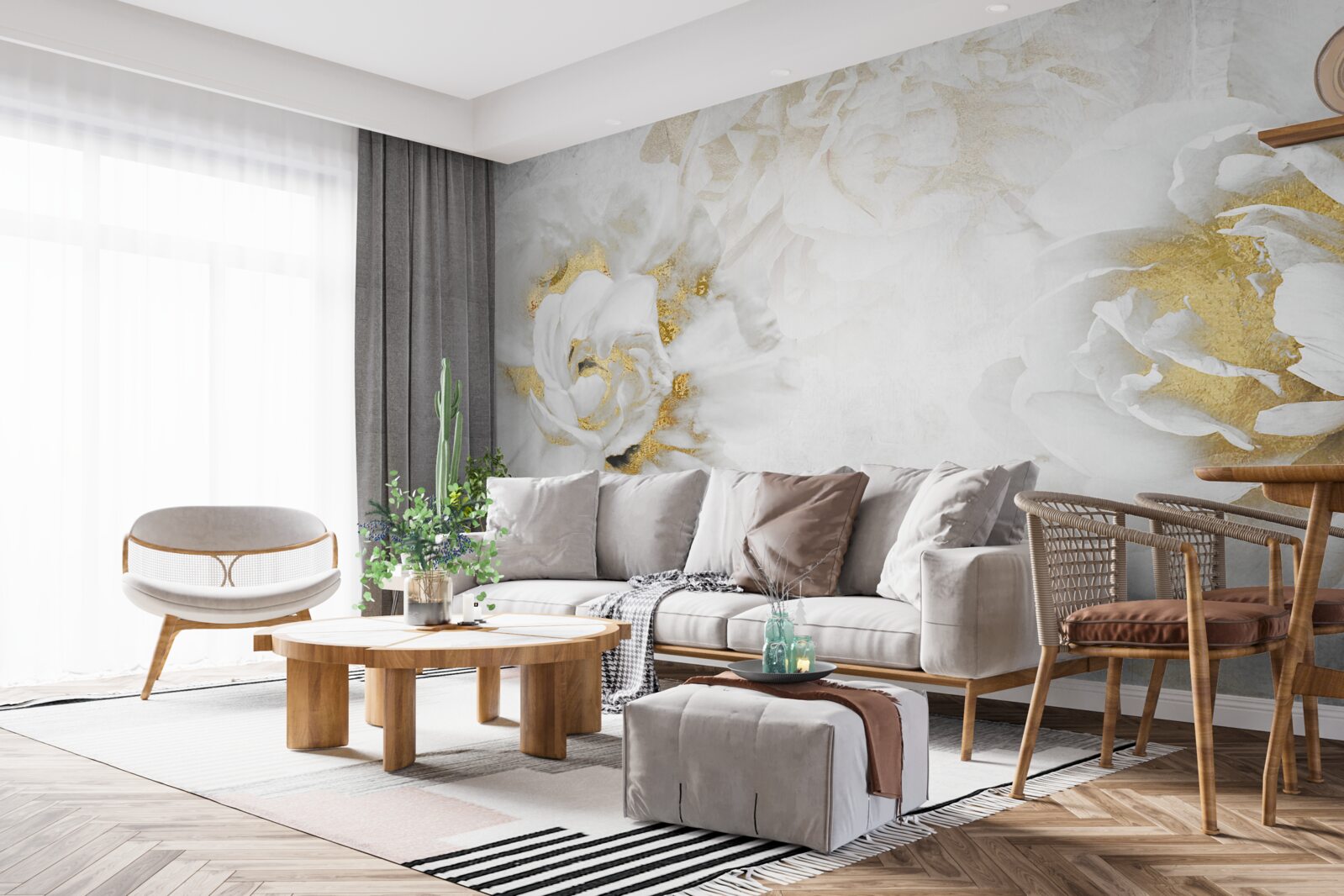 Papier peint fleurs blanches avec accents dorés