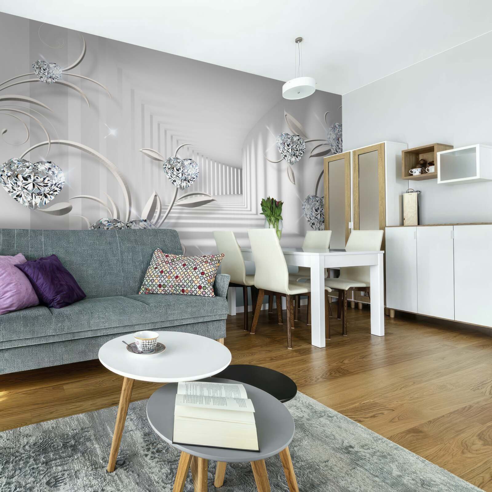 Papier peint chambre en nuances de blanc avec diamants