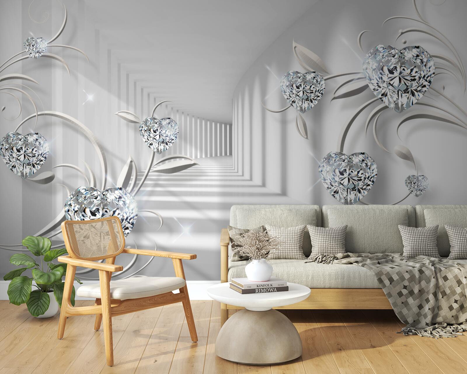 Papier peint chambre en nuances de blanc avec diamants