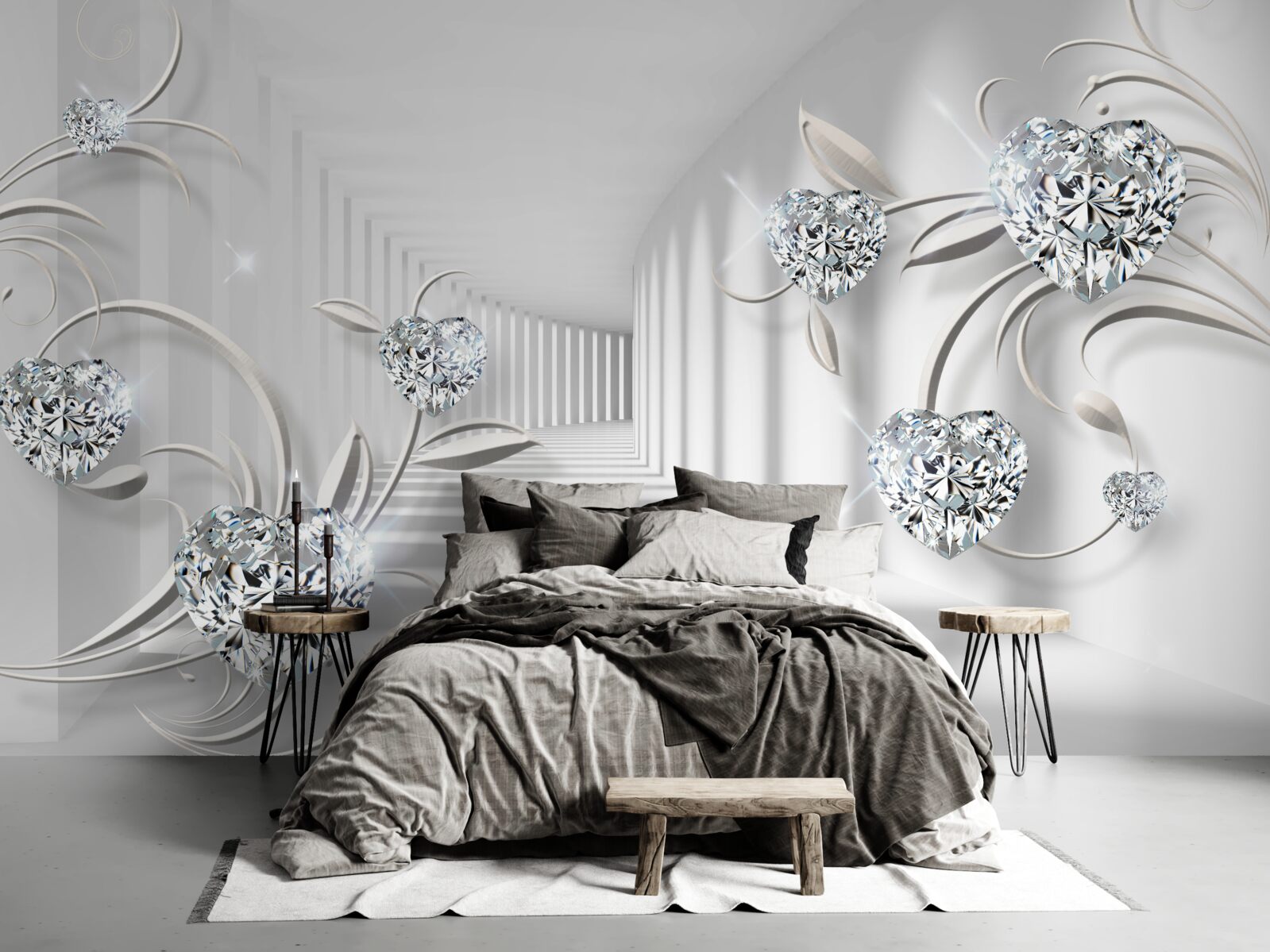 Papier peint chambre en nuances de blanc avec diamants