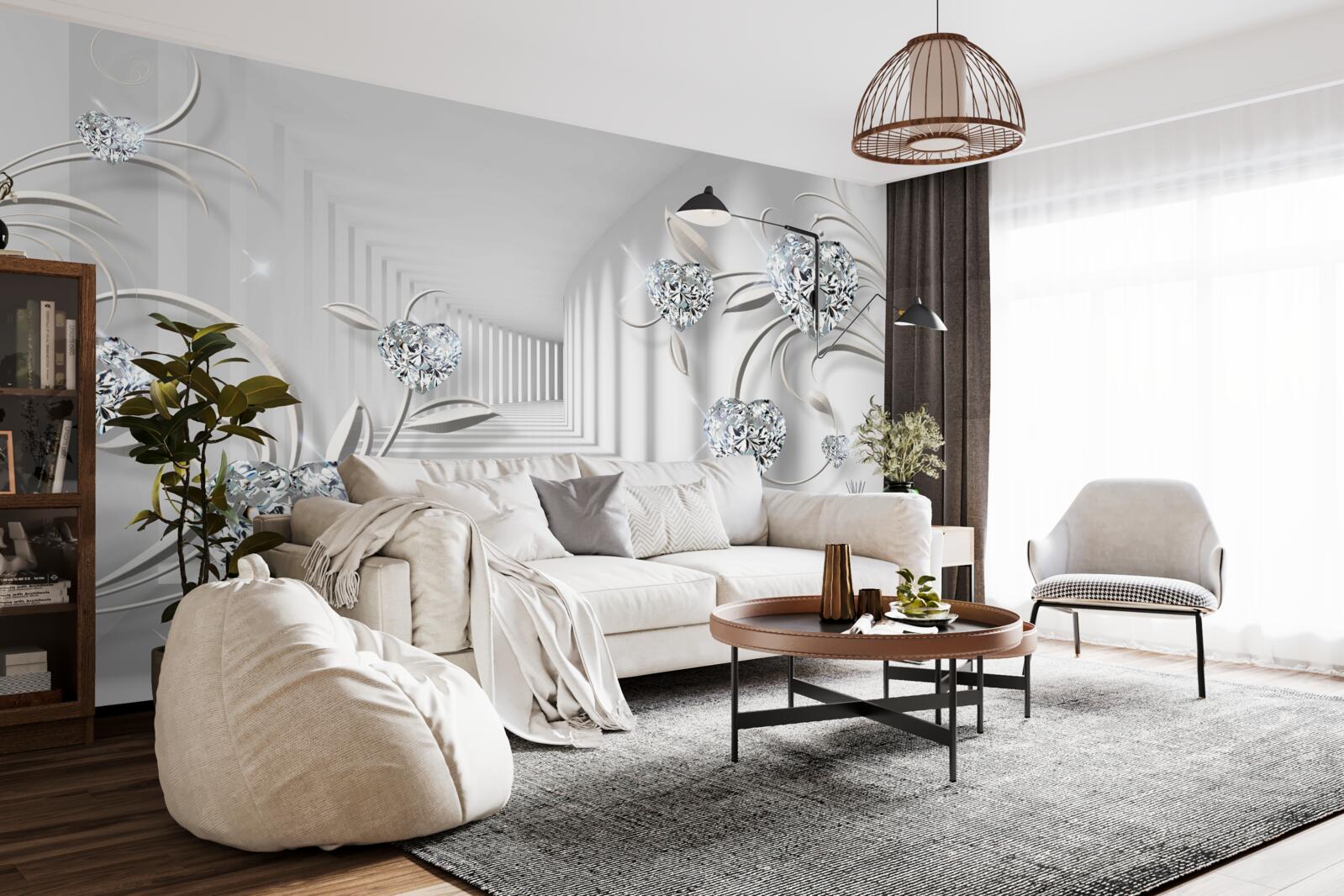 Papier peint chambre en nuances de blanc avec diamants