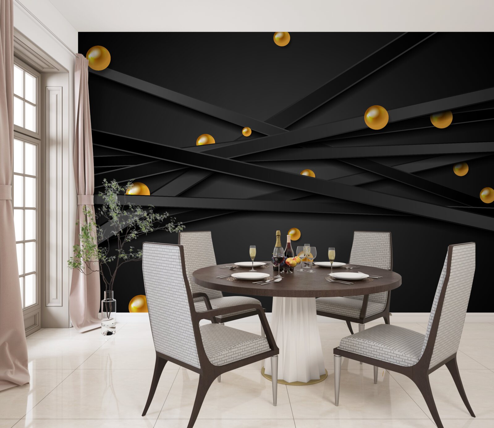 Papier peint des cercles d'or sont accrochés au mur