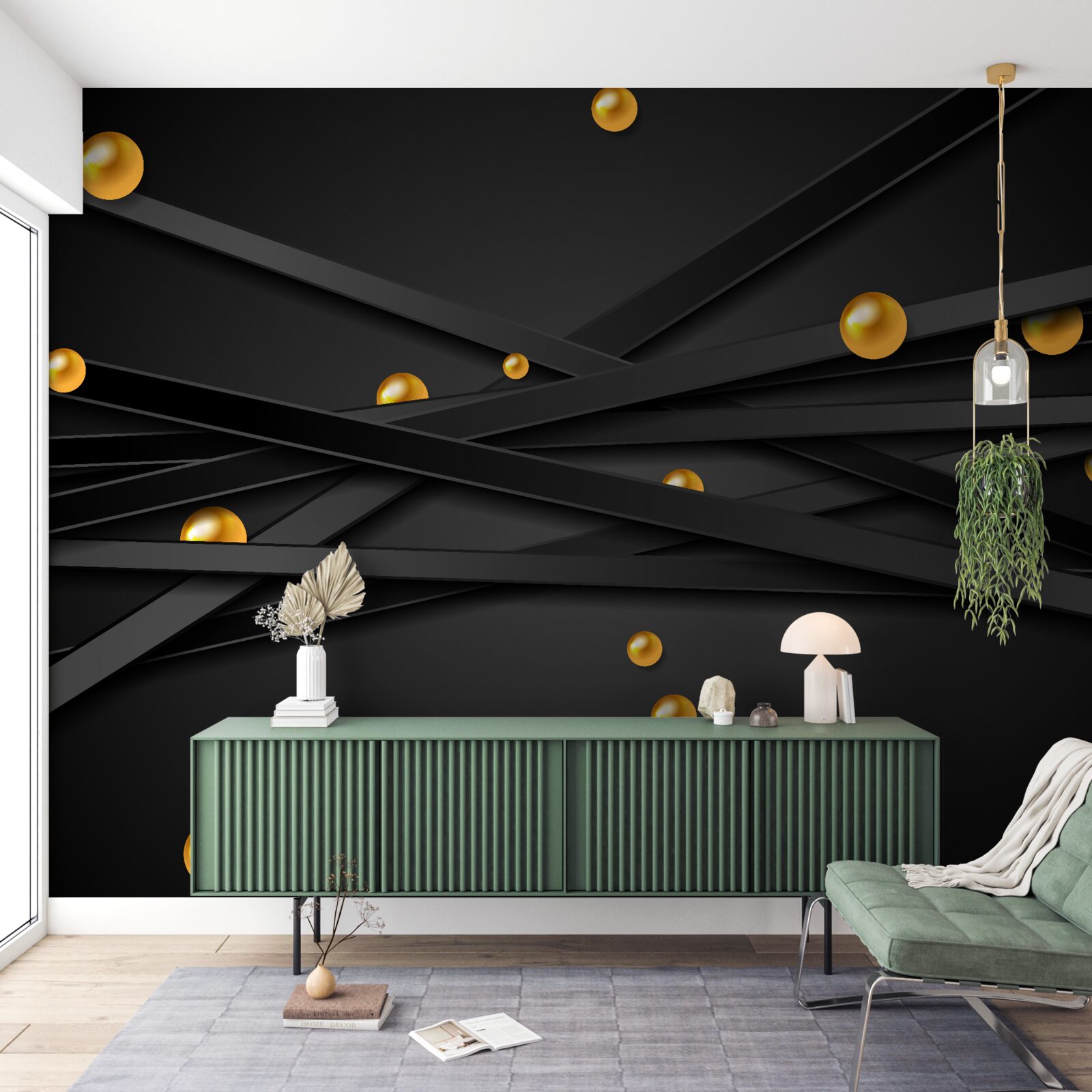 Papier peint des cercles d'or sont accrochés au mur