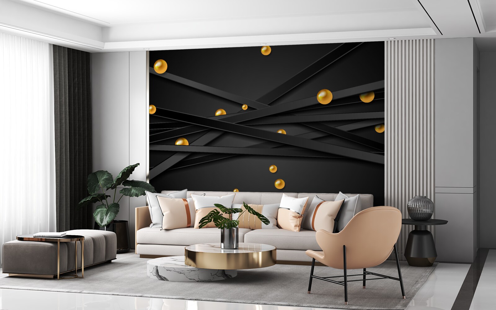 Papier peint des cercles d'or sont accrochés au mur