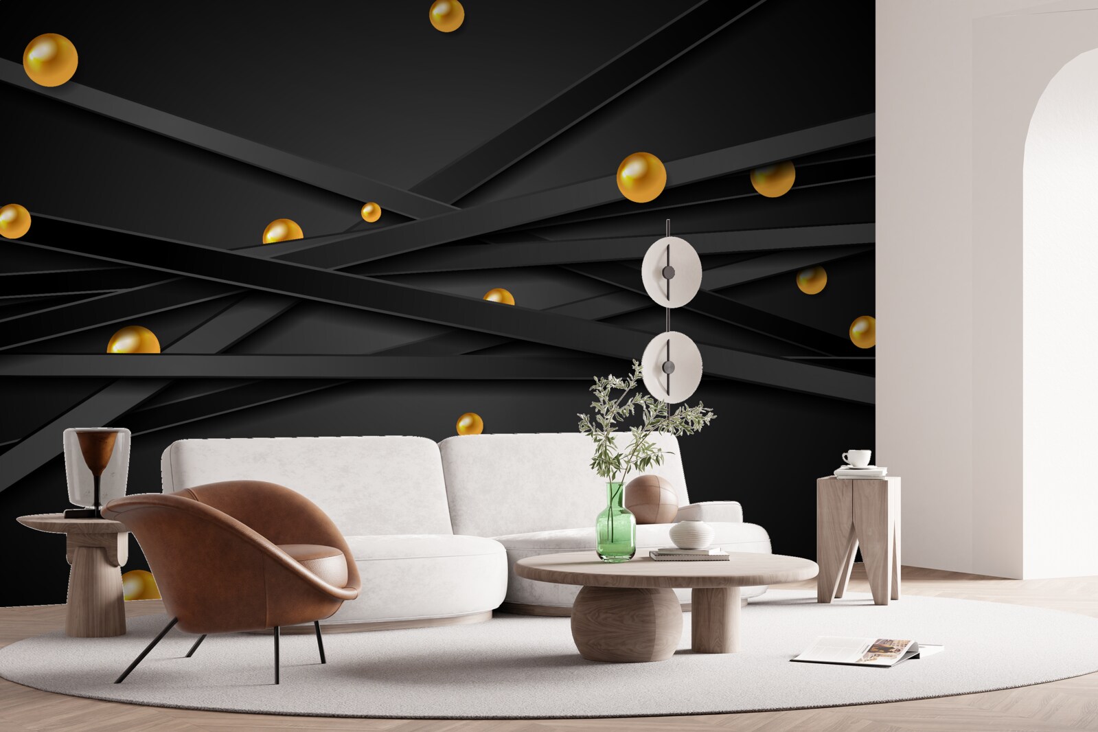 Papier peint des cercles d'or sont accrochés au mur