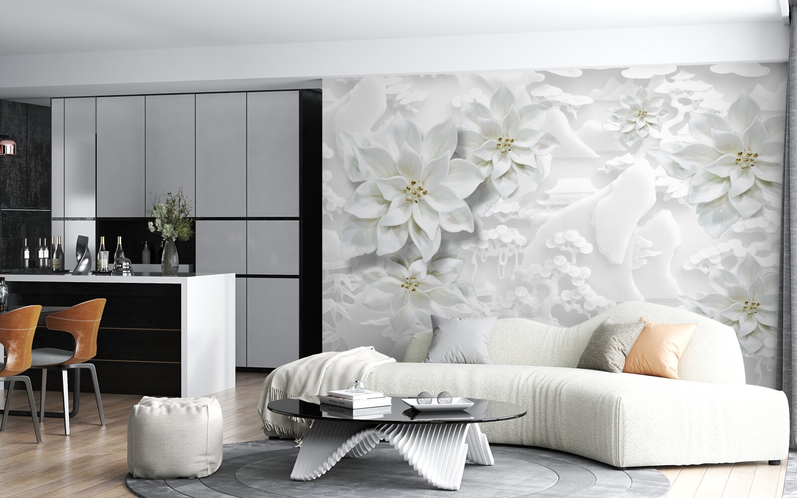 Papier peint fleurs blanches