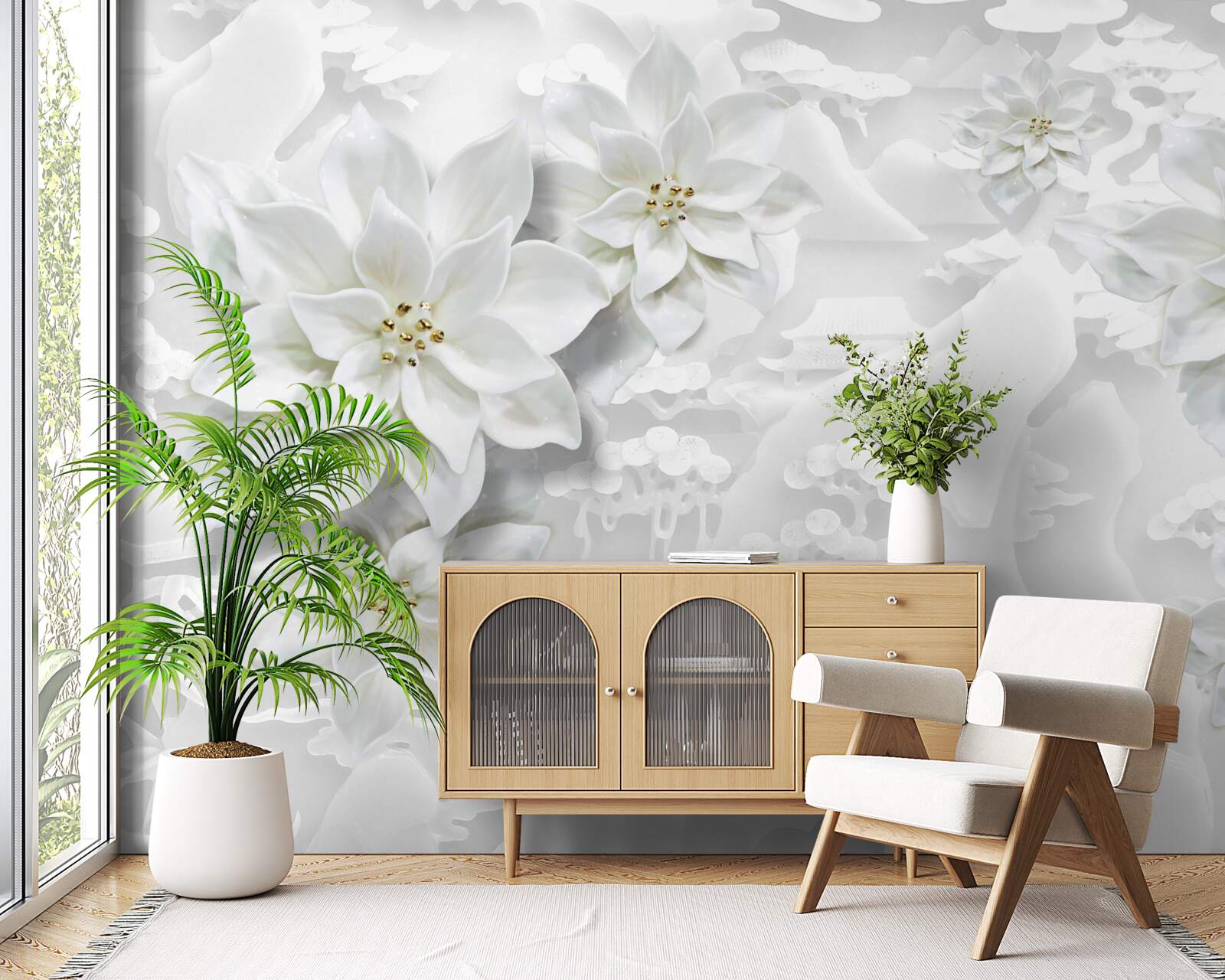 Papier peint fleurs blanches