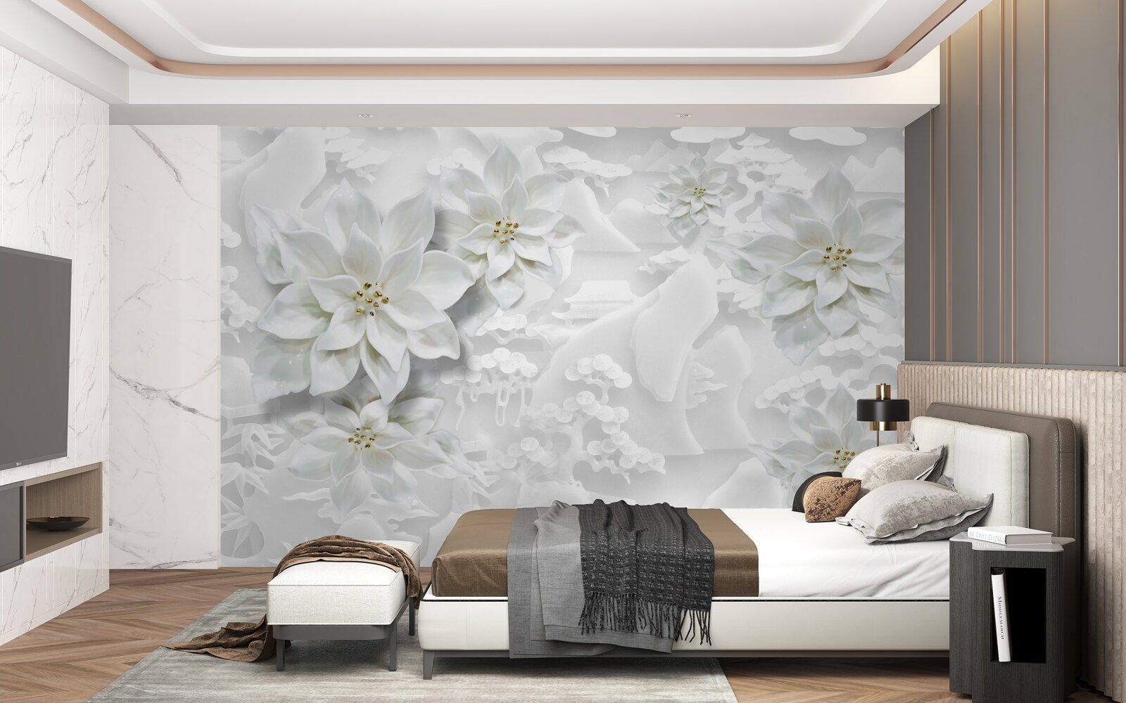 Papier peint fleurs blanches