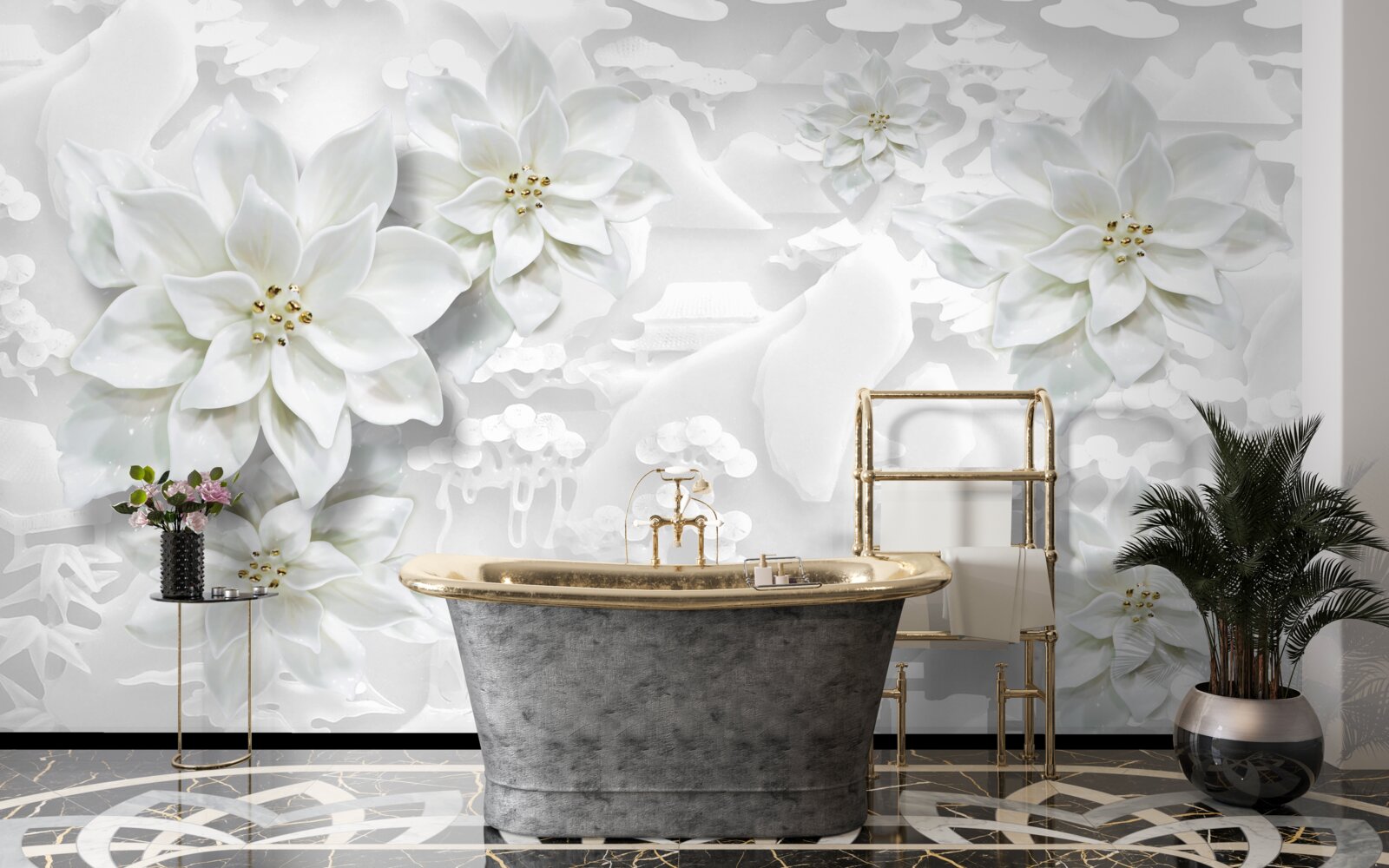 Papier peint fleurs blanches