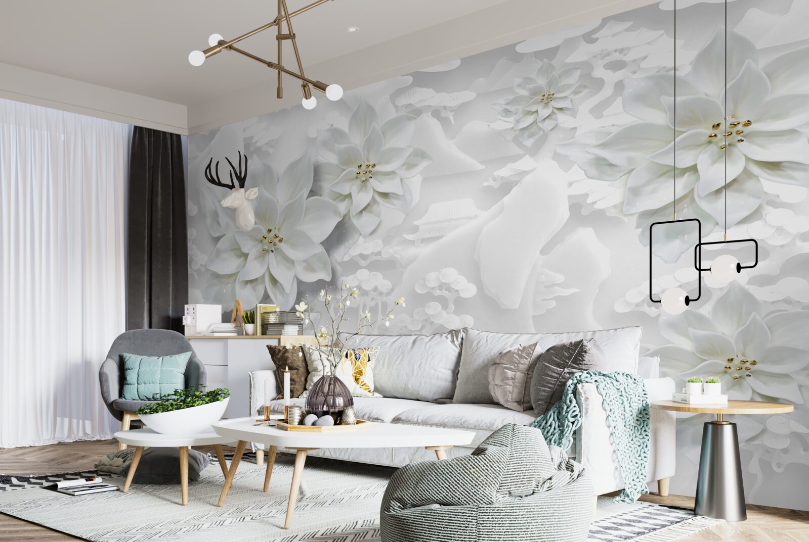 Papier peint fleurs blanches