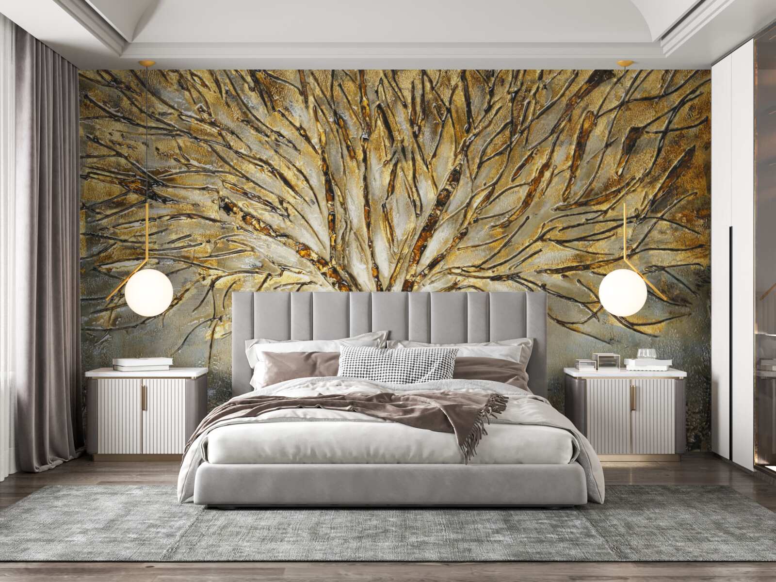 Papier peint arbre en métal doré