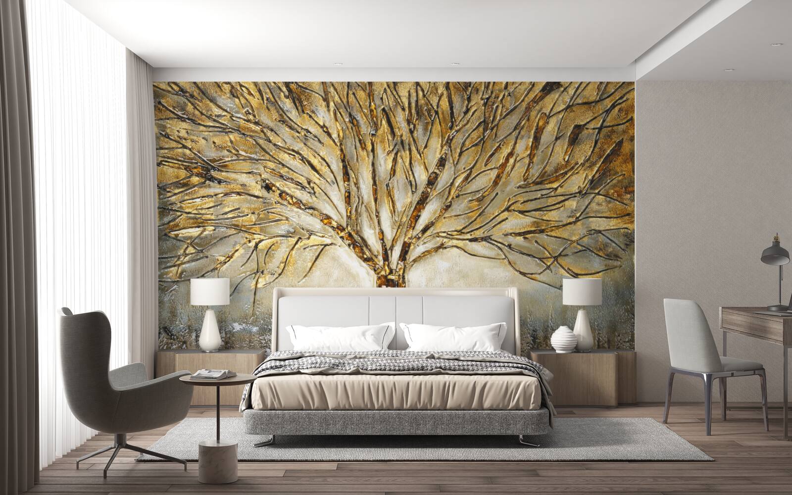 Papier peint arbre en métal doré