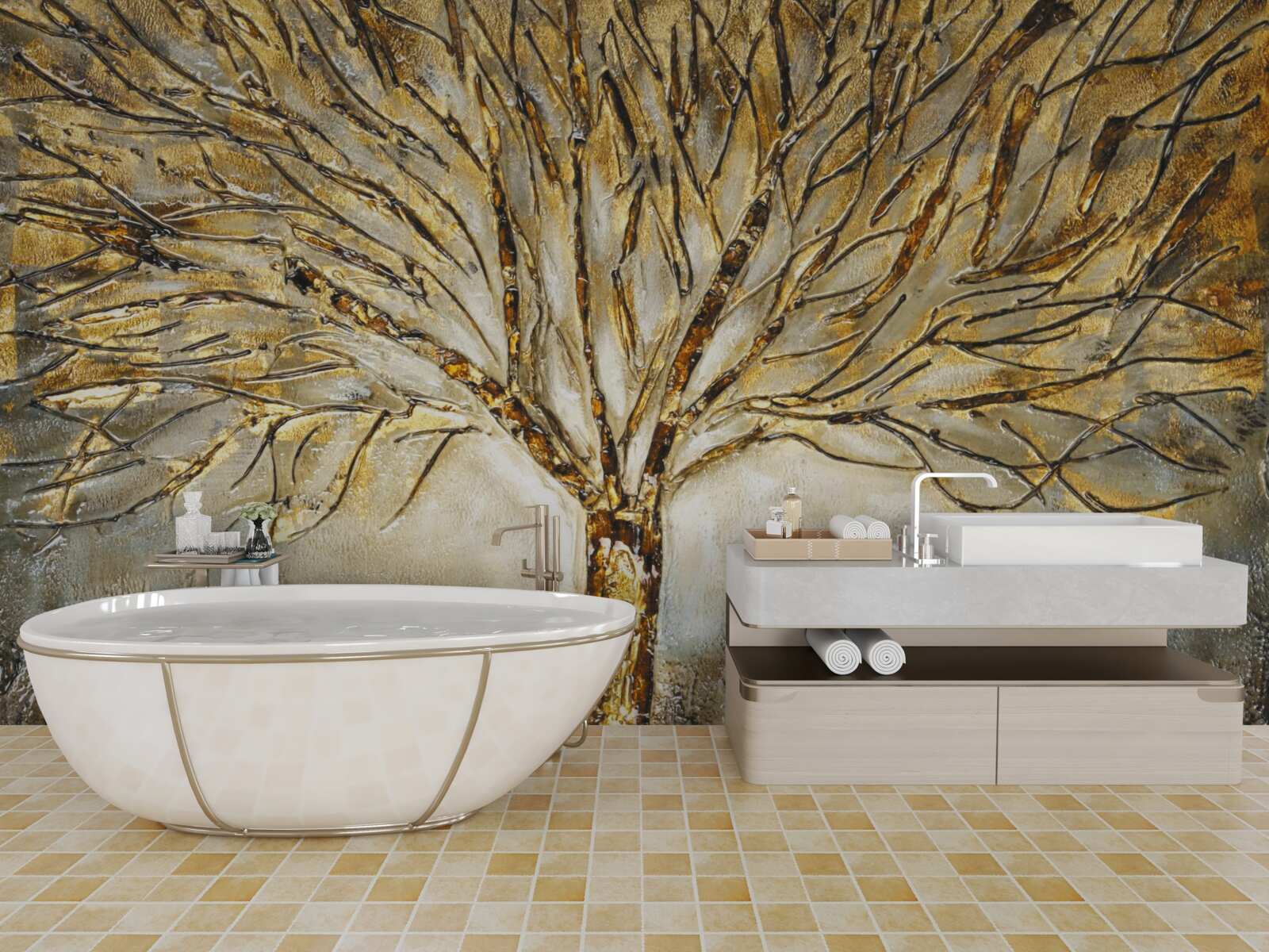 Papier peint arbre en métal doré