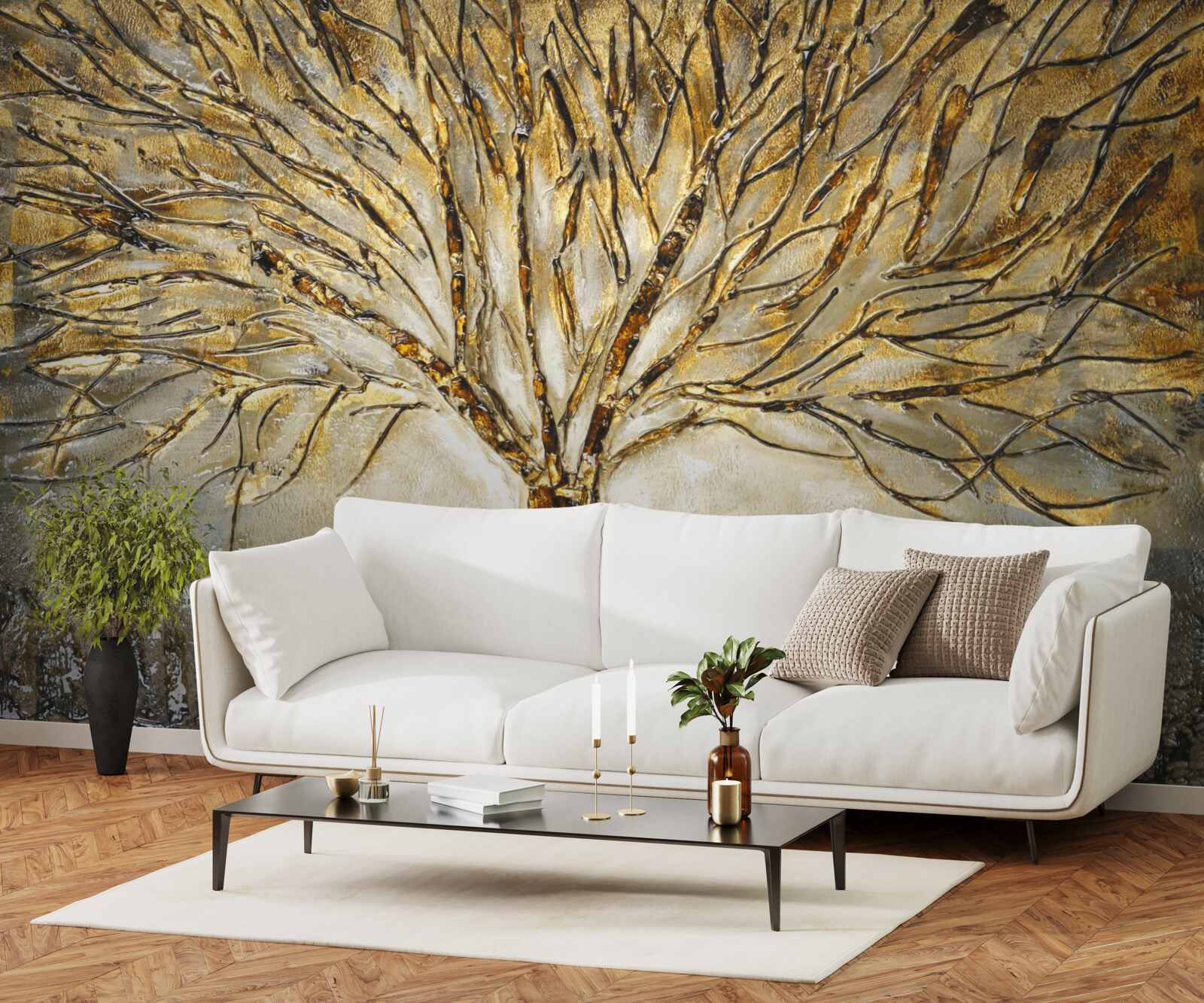 Papier peint arbre en métal doré