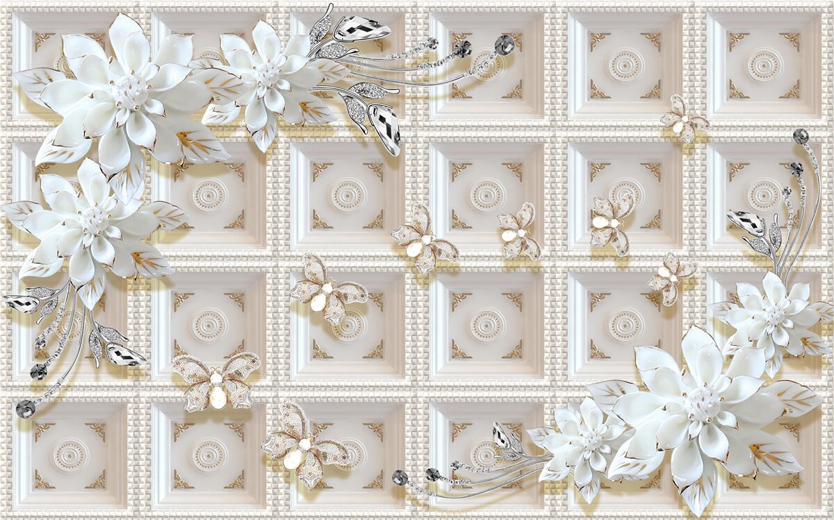 Papier peint fleurs blanches sur un mur mural