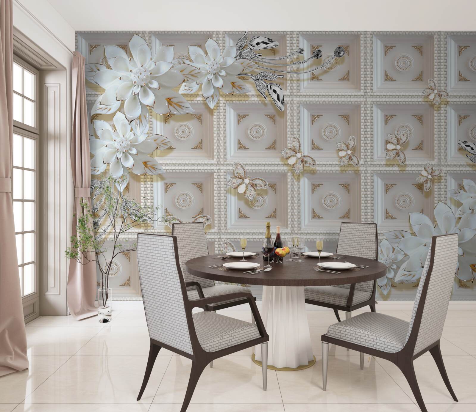 Papier peint fleurs blanches sur un mur mural