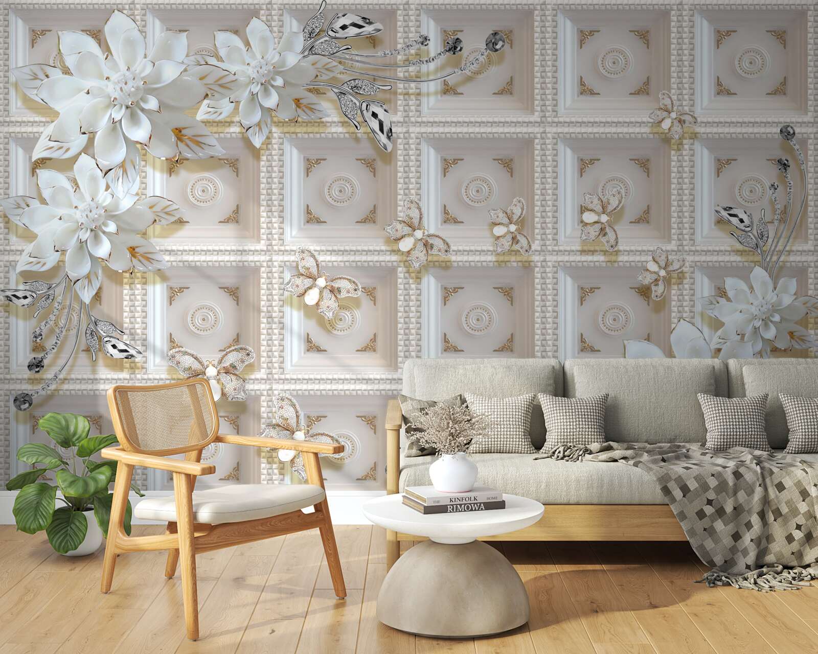 Papier peint fleurs blanches sur un mur mural