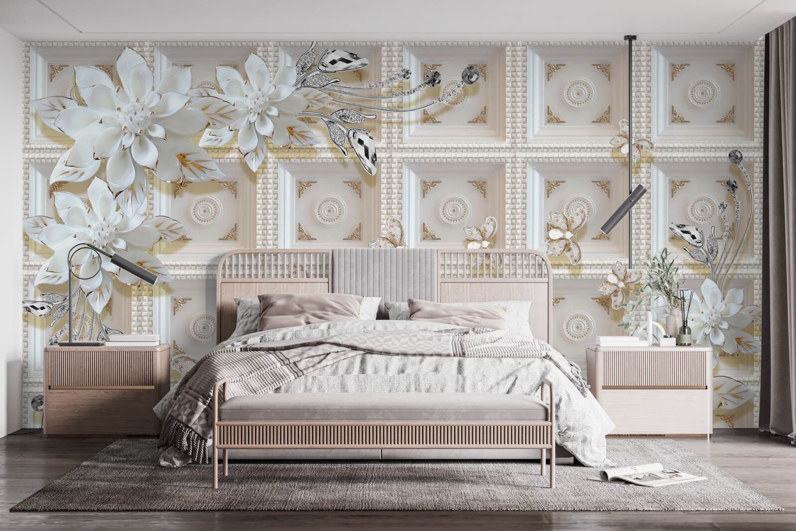 Papier peint fleurs blanches sur un mur mural