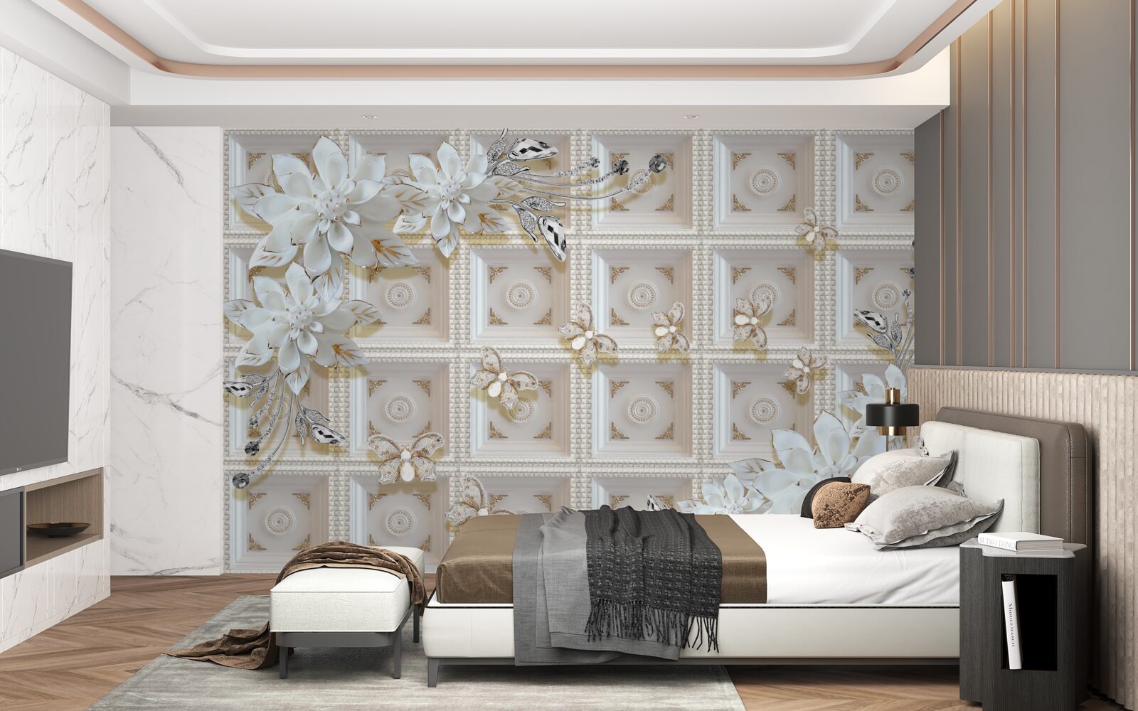 Papier peint fleurs blanches sur un mur mural