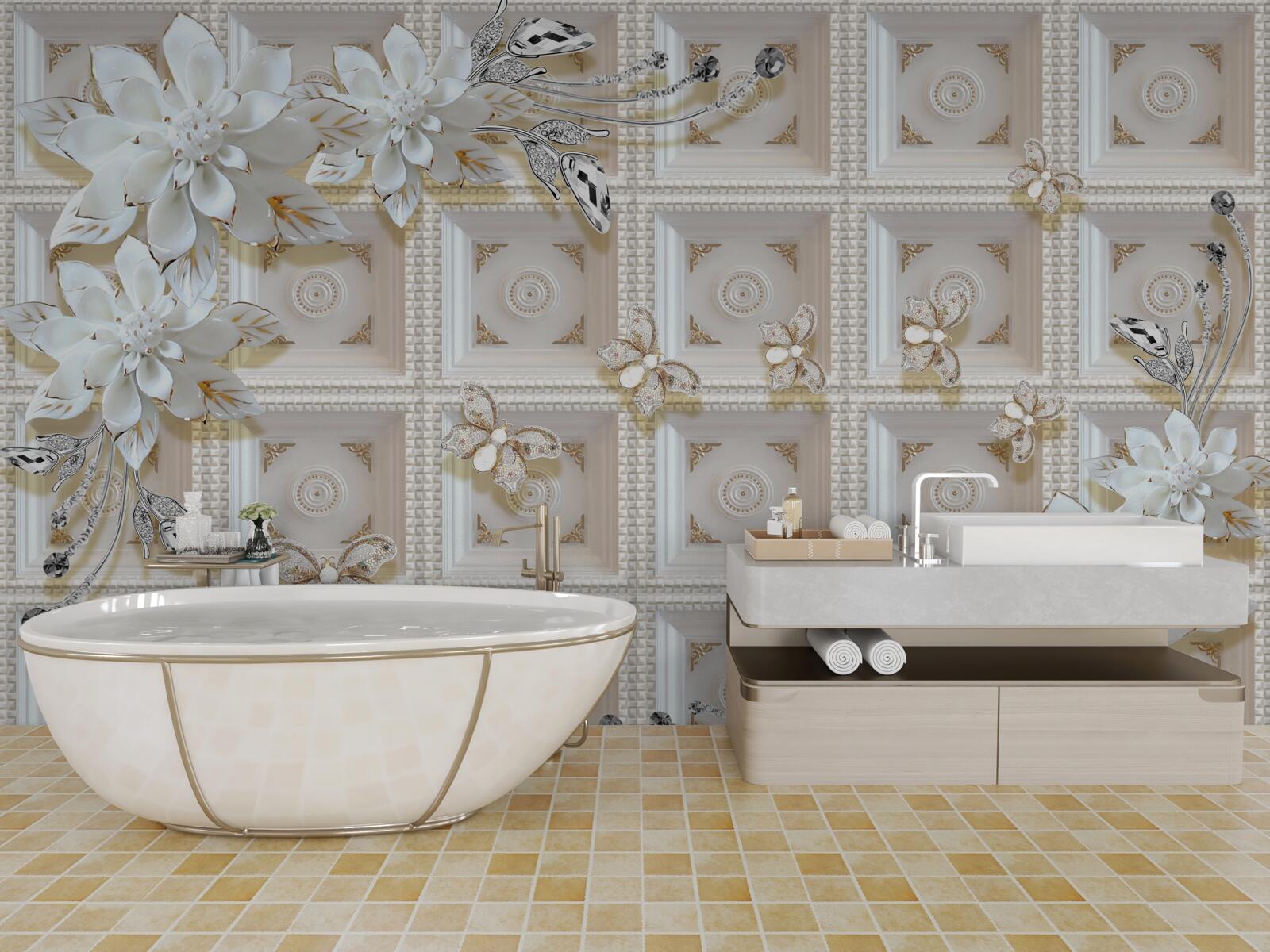 Papier peint fleurs blanches sur un mur mural