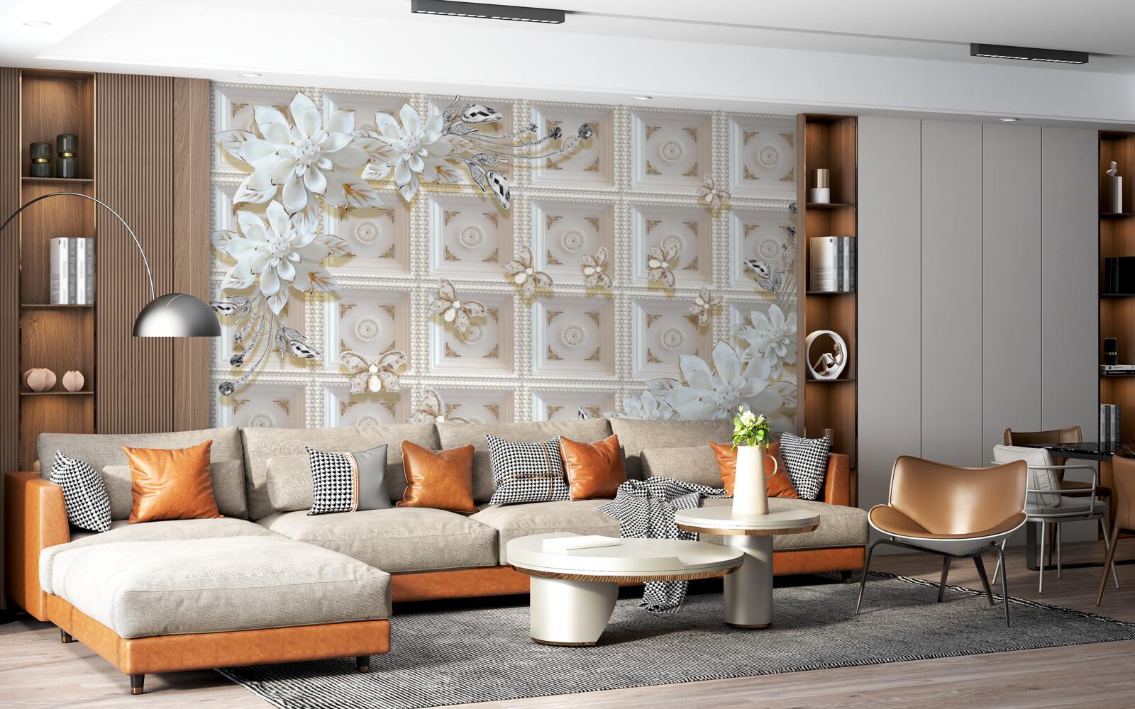 Papier peint fleurs blanches sur un mur mural