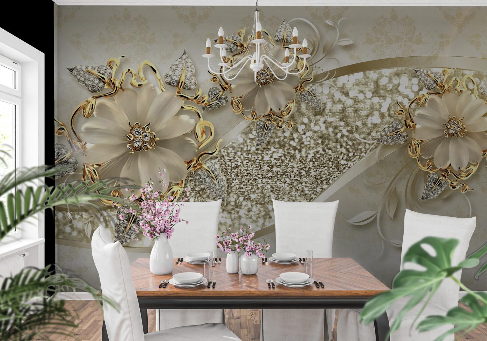 Papier peint bouquets sur un mur d'or