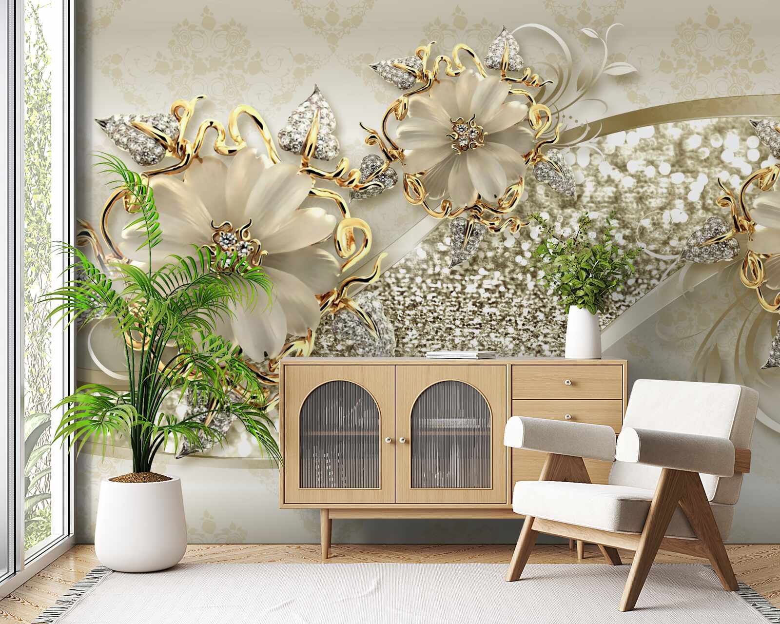 Papier peint bouquets sur un mur d'or