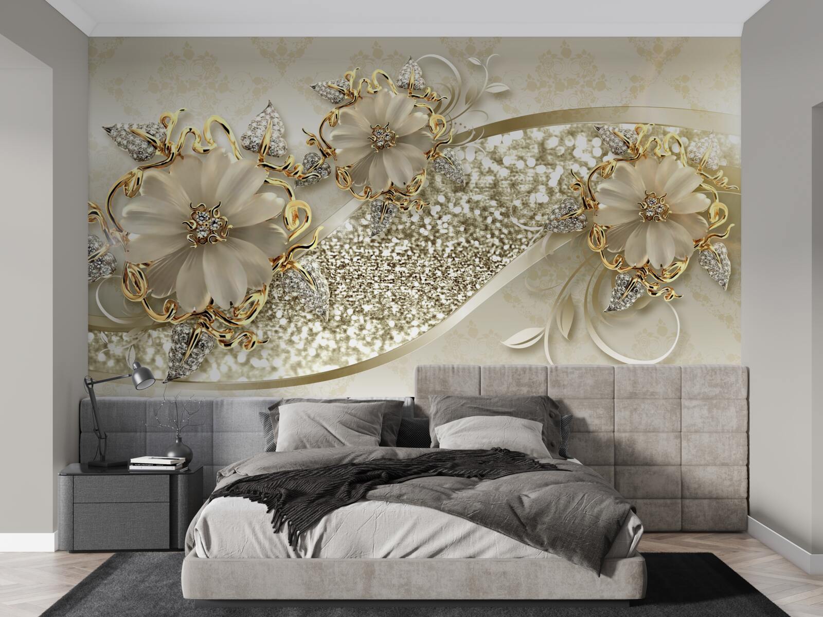 Papier peint bouquets sur un mur d'or